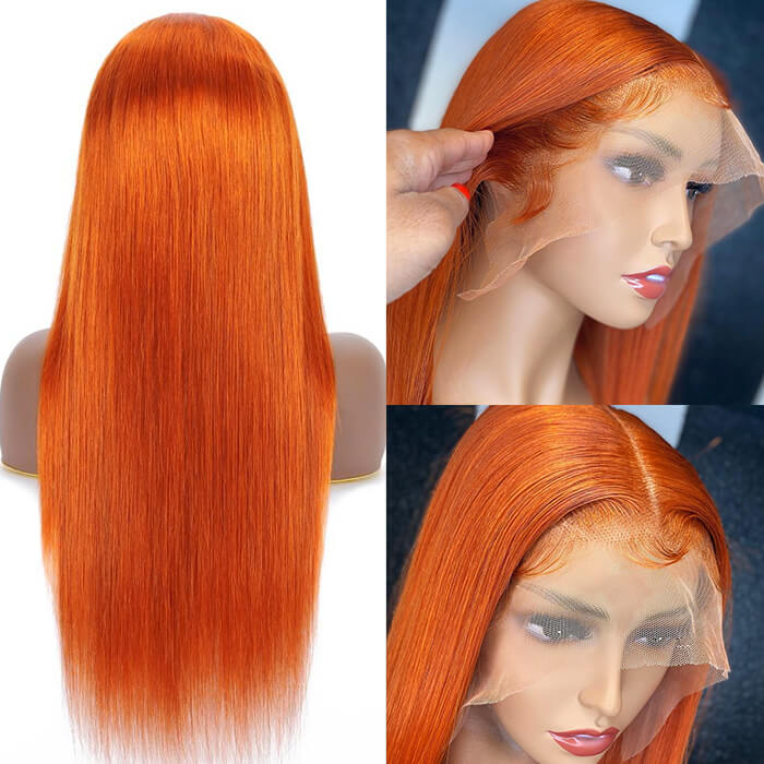 13x4 HD Lace Front Wigs Orange Ginger Color Straight Human Hair Wigs - Image 3