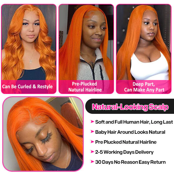 13x4 HD Lace Front Wigs Orange Ginger Color Straight Human Hair Wigs - Image 4