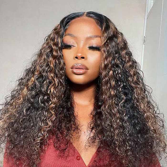 #1B/30 Mix Color Black Brown Highlight Wig Water Wave Glueless HD Lace Front Human Hair Wigs - Image 3