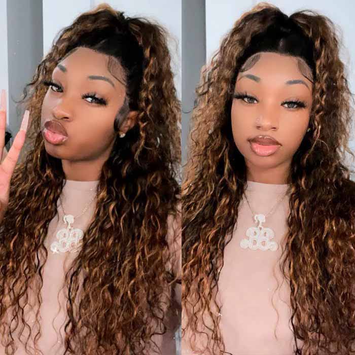 #1B/30 Mix Color Black Brown Highlight Wig Water Wave Glueless HD Lace Front Human Hair Wigs - Image 5