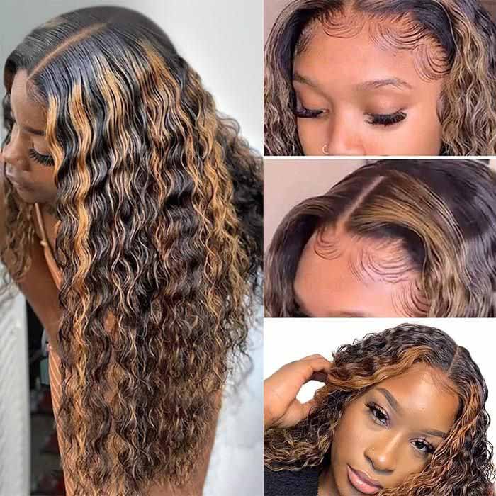 #1B/30 Mix Color Black Brown Highlight Wig Water Wave Glueless HD Lace Front Human Hair Wigs - Image 6