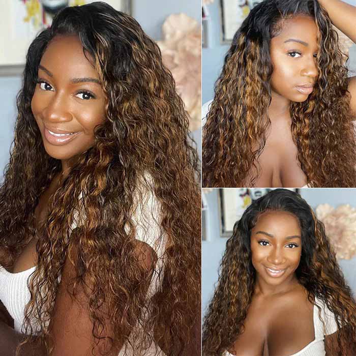#1B/30 Mix Color Black Brown Highlight Wig Water Wave Glueless HD Lace Front Human Hair Wigs - Image 7