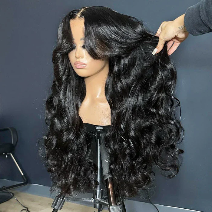 250% Density Loose Body Wave Curtain Bangs Wig Pre Bleached Glueless 13x6 Full Lace Front Human Hair Wigs - Image 4