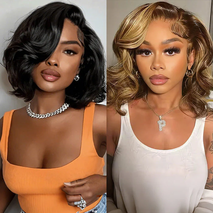 2Wigs $119 | Side Bangs Body Wave Bob Wig Highlight Brown Blonde & Natural Color Human Hair Wigs Special Offer