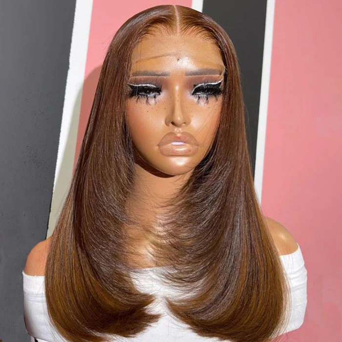 #30 Ginger Brown Straight Layered Cut Wig 8x5 Pre Cut Lace 13x4 13x6 HD Lace Front Glueless Wig - Image 6