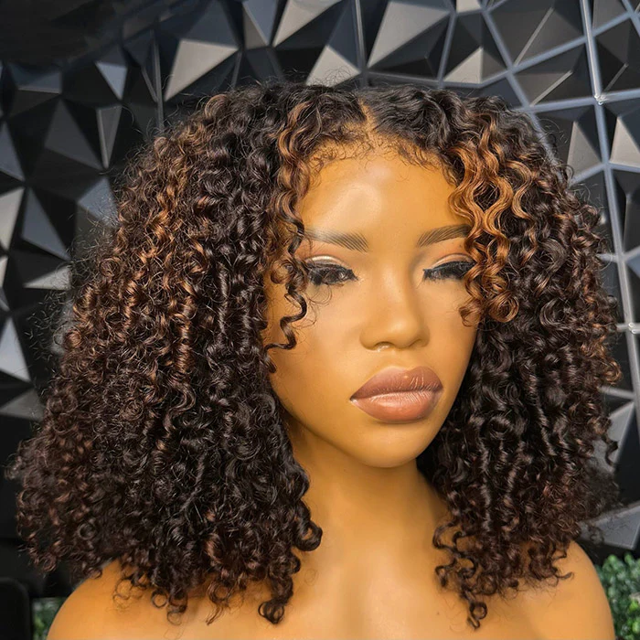 300% Density 4C Edges Coil Curly Bob Wig Highlights Balayage Short Bob Human Hair Glueless Wig with Curly Baby Hair - Image 3