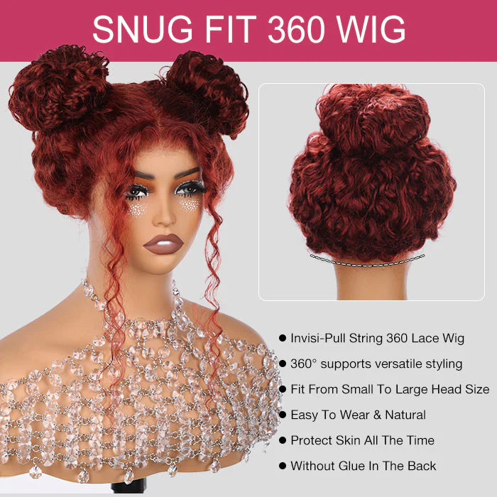 #33 Reddish Brown Invisi-String Snug Fit Water Wave 360 HD Lace Frontal Wig Put On & Go Glueless Wig - Image 7