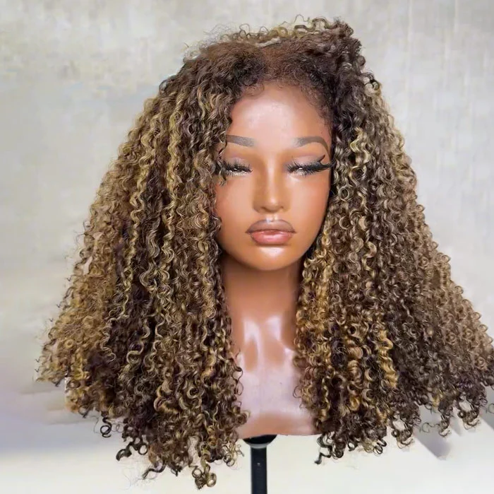 350% Density Golden Balayage Highlights Coil Curly 4C Edges Glueless Wig Natural Hairline - Image 3