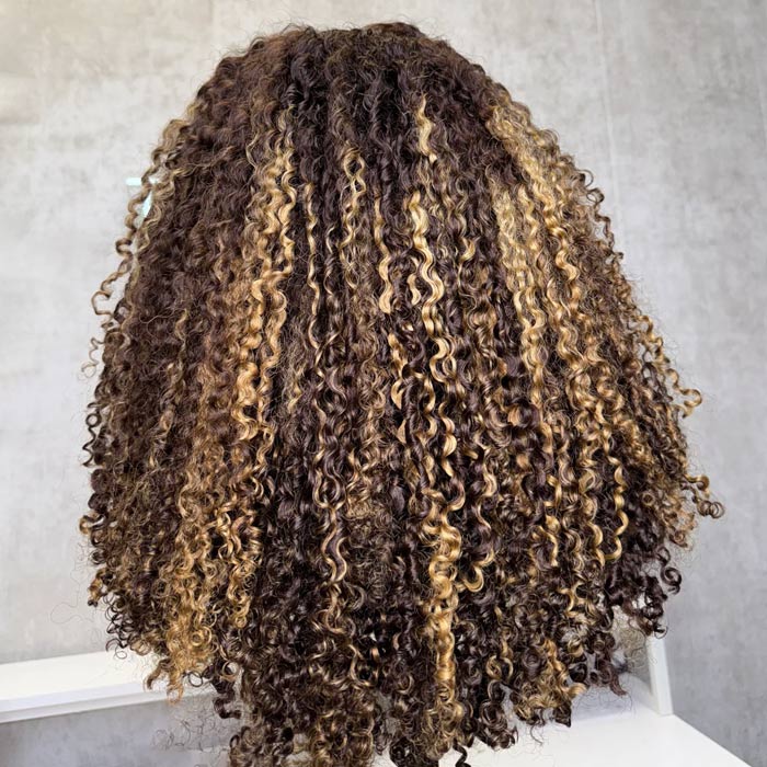 350% Density Golden Balayage Highlights Coil Curly 4C Edges Glueless Wig Natural Hairline - Image 4