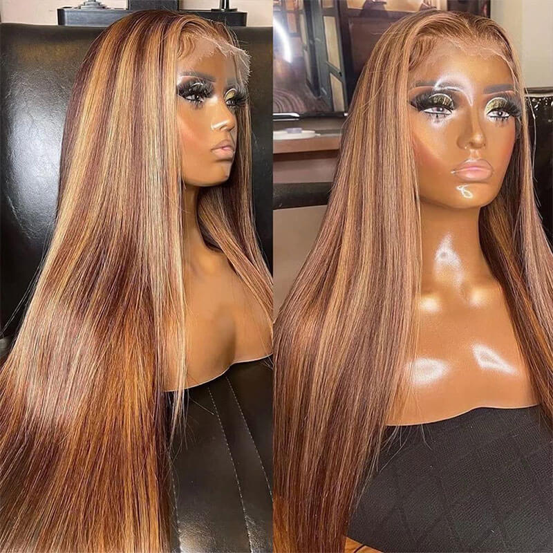 4/27 Honey Blonde Highlight HD Transparent Lace Front Wigs Ombre Color Straight Human Hair Wigs - Image 3