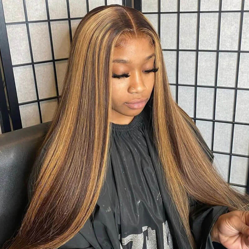 4/27 Honey Blonde Highlight HD Transparent Lace Front Wigs Ombre Color Straight Human Hair Wigs - Image 4