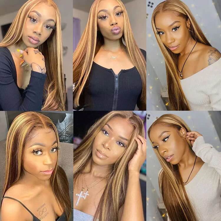 4/27 Honey Blonde Highlight HD Transparent Lace Front Wigs Ombre Color Straight Human Hair Wigs - Image 7