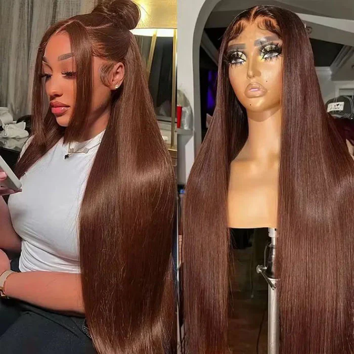 [BOGO] #4 Chocolate Brown Straight 13x4 Lace Front Wig Colored Human Hair Wigs With Bleached Knots Special Offer - Image 4