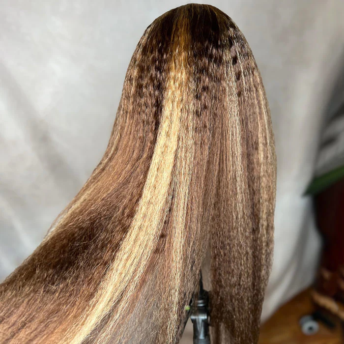4C Edges Balayage Highlights Pull Go Drawstring Wig Kinky Straight Glueless Human Hair Wigs - Image 2