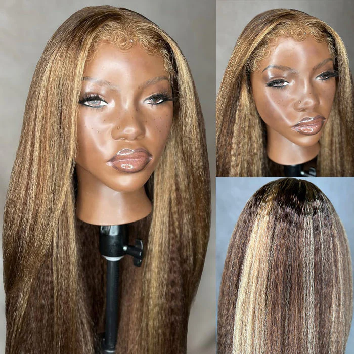 4C Edges Balayage Highlights Pull Go Drawstring Wig Kinky Straight Glueless Human Hair Wigs - Image 3