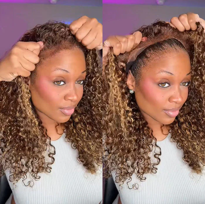 4C Edges Curly Glueless Blonde Highlights Wig Natural Hairline 8x5/360 Pre Cut HD Lace Front Wig - Image 5