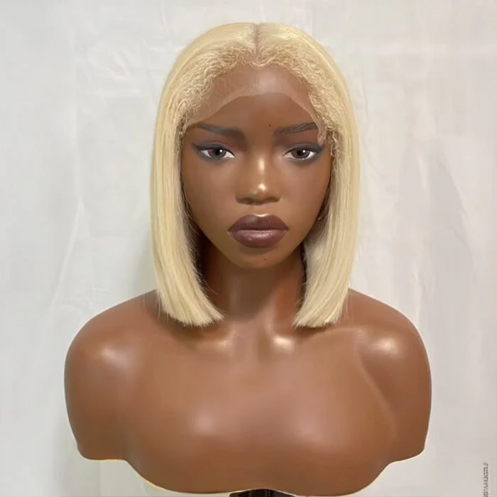 4C Kinky Edges Hairline Bleached Knots 613 Blonde Straight Glueless Bob Wig with Curly Baby Hair - Image 2