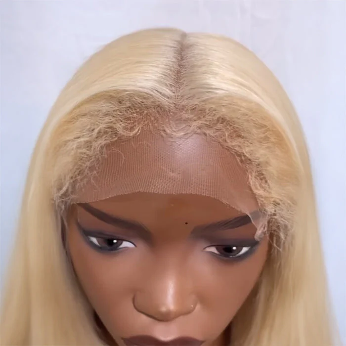 4C Kinky Edges Hairline Bleached Knots 613 Blonde Straight Glueless Bob Wig with Curly Baby Hair - Image 4