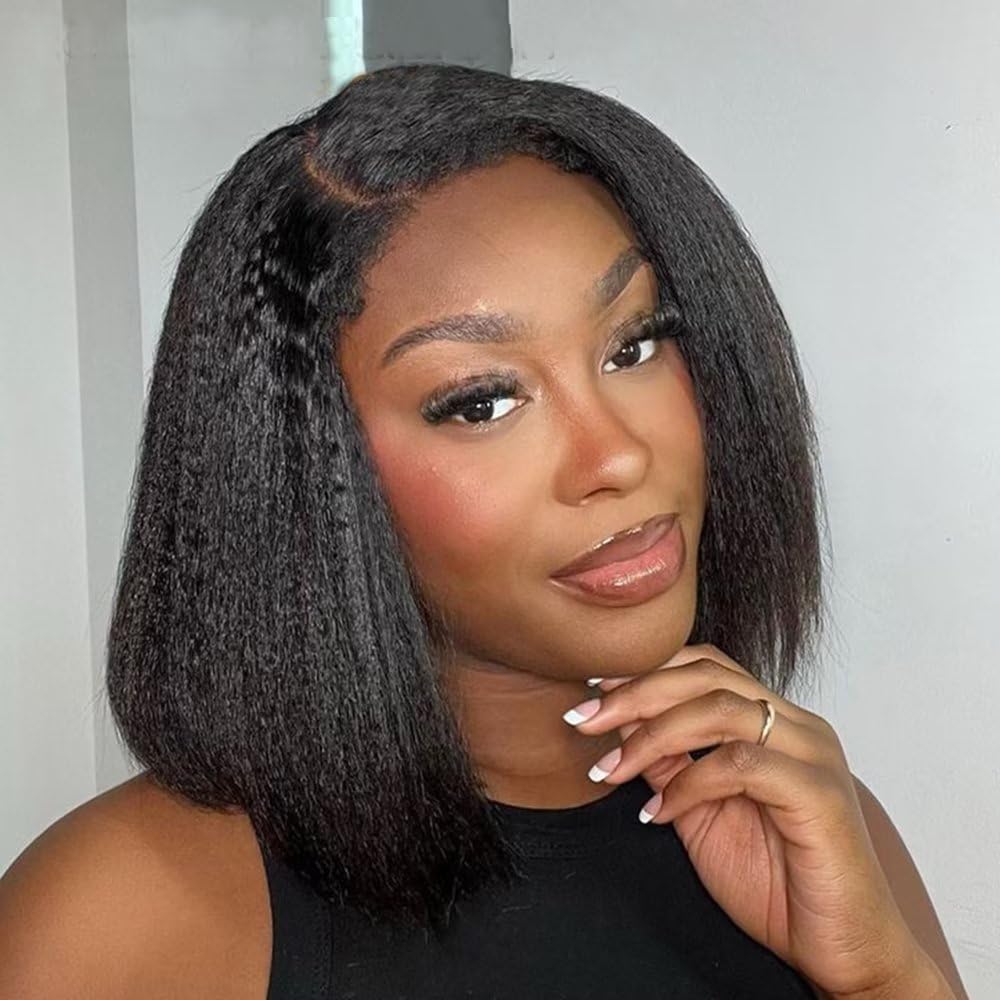 4C Kinky Edges Kinky Straight 13x4 /8x5 HD Lace Short Bob Wig Human Hair - Image 4