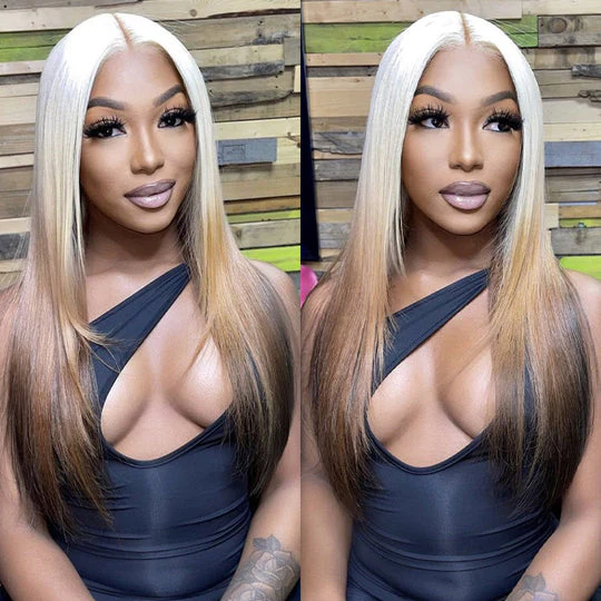 613 Blonde Ombre Lace Front Wig Brazilian Straight Human Hair Wigs With Adjustable Straps - Image 3