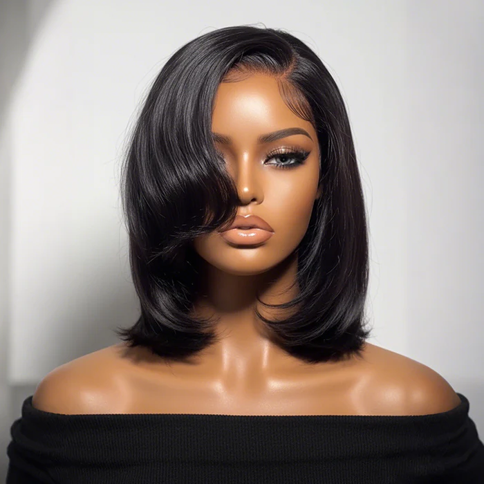 Clearance Sale | 8x5 Pre Cut Lace Straight Glueless Wig 90s Rachel Haircut Blunt Wig with Side Part Bangs Special Offer - Image 5