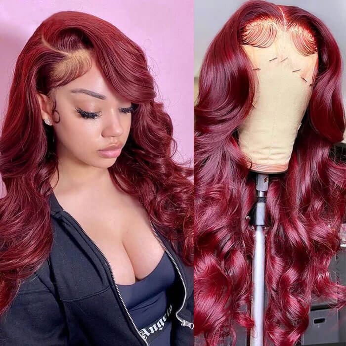 99J Body Wave 13x4 Burgundy HD Lace Front Pre Plucked Colored Human Hair Wigs for Women - Image 3
