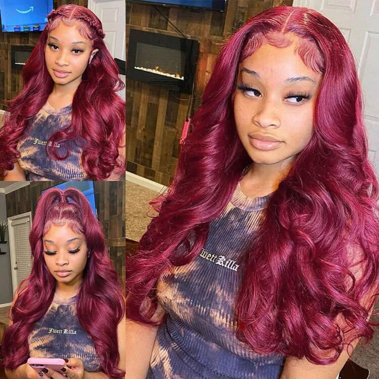 99J Body Wave 13x4 Burgundy HD Lace Front Pre Plucked Colored Human Hair Wigs for Women - Image 4