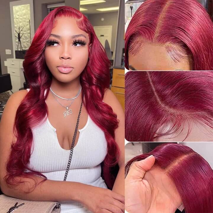99J Body Wave 13x4 Burgundy HD Lace Front Pre Plucked Colored Human Hair Wigs for Women - Image 5