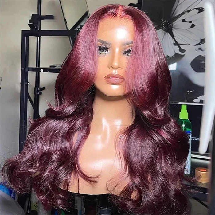 99J Burgundy Curtain Bangs Body Wave Human Hair Glueless HD Lace Wigs - Image 3