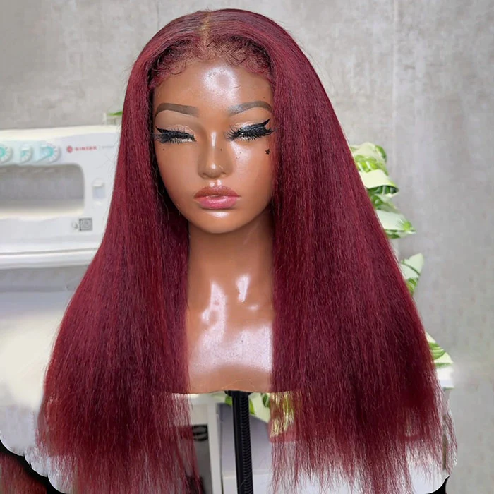 99J Burgundy Red Kinky Edges 4C Hairline Straight/Kinky Straight/Curly 8x5 Pre Cut HD Lace Glueless Wig - Image 2