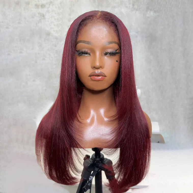 99J Burgundy Red Kinky Edges 4C Hairline Straight/Kinky Straight/Curly 8x5 Pre Cut HD Lace Glueless Wig - Image 3