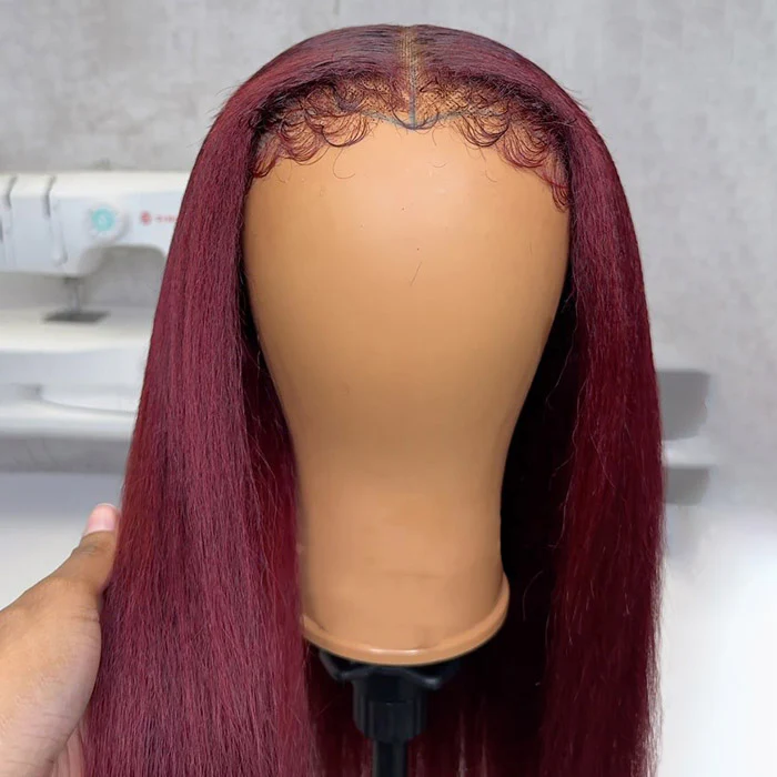 99J Burgundy Red Kinky Edges 4C Hairline Straight/Kinky Straight/Curly 8x5 Pre Cut HD Lace Glueless Wig - Image 4