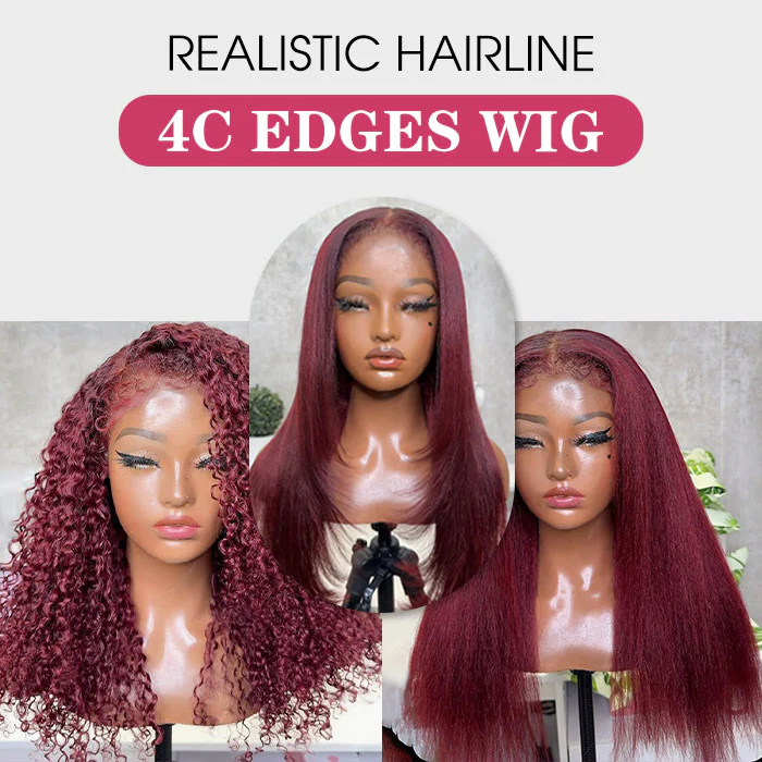 99J Burgundy Red Kinky Edges 4C Hairline Straight/Kinky Straight/Curly 8x5 Pre Cut HD Lace Glueless Wig - Image 5