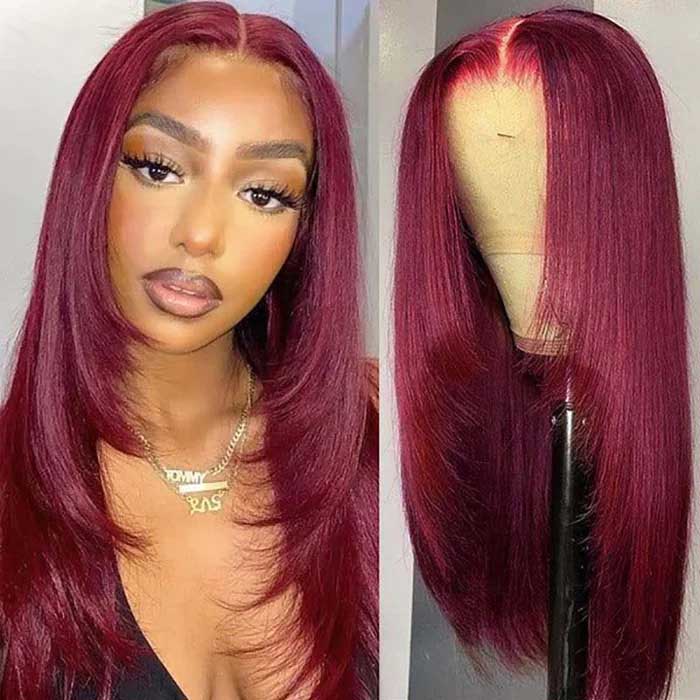 #99J Burgundy Red Layered Cut Straight Wig Skin Melt HD Lace Frontal Colored Human Hair Wigs - Image 3