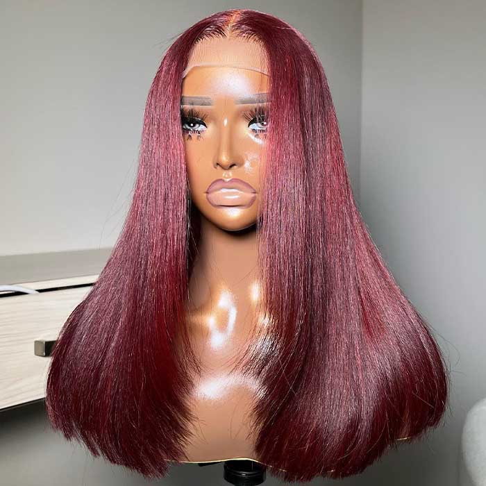 #99J Burgundy Red Layered Cut Straight Wig Skin Melt HD Lace Frontal Colored Human Hair Wigs - Image 4