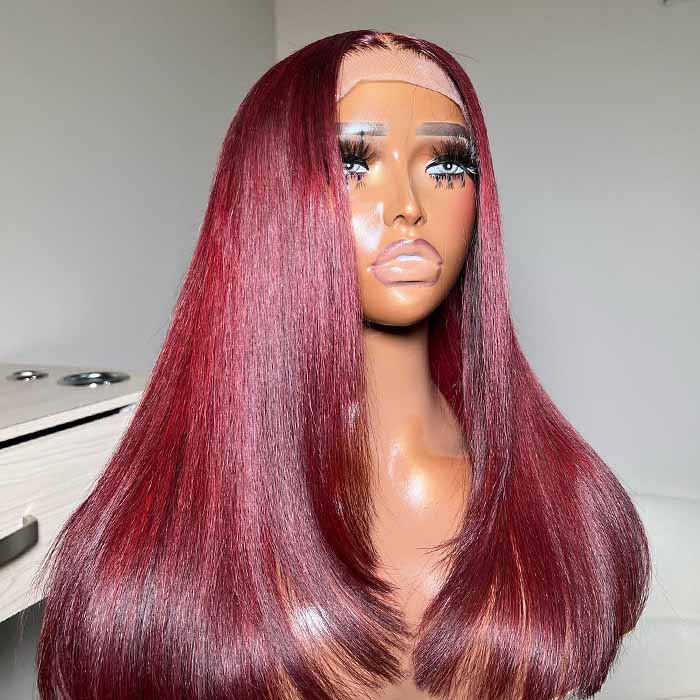 #99J Burgundy Red Layered Cut Straight Wig Skin Melt HD Lace Frontal Colored Human Hair Wigs - Image 5