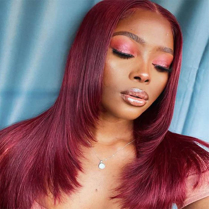 #99J Burgundy Red Layered Cut Straight Wig Skin Melt HD Lace Frontal Colored Human Hair Wigs - Image 6