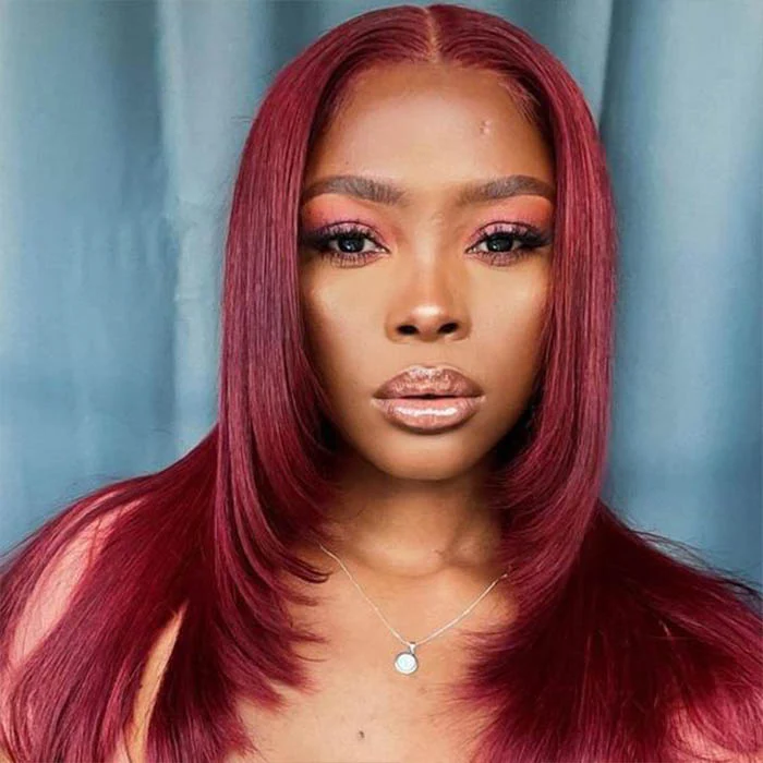 #99J Burgundy Red Layered Cut Straight Wig Skin Melt HD Lace Frontal Colored Human Hair Wigs - Image 7