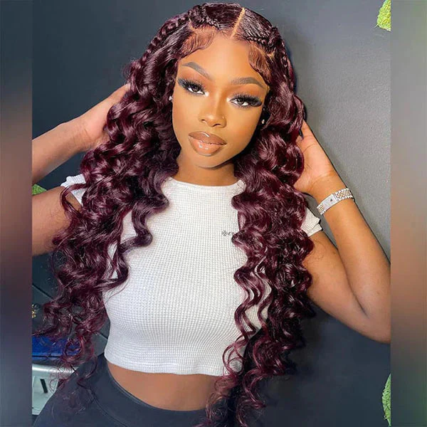 99J Loose Wave HD Lace Front Wig Natural Hairline Burgundy Red Colored Long Human Hair Wigs - Image 3