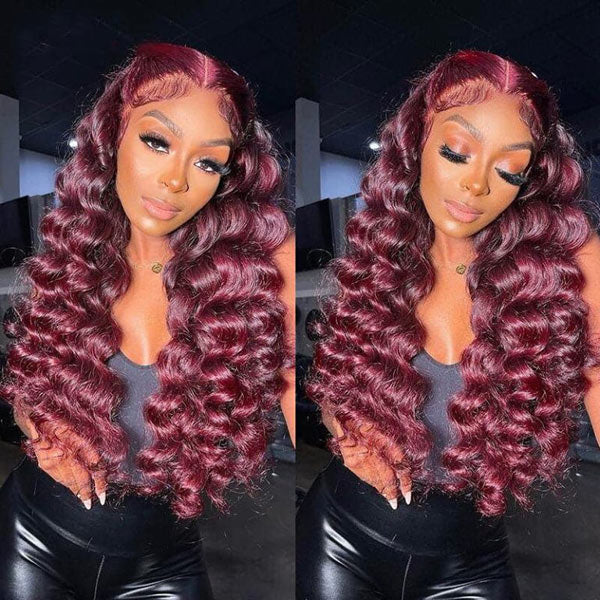 99J Loose Wave HD Lace Front Wig Natural Hairline Burgundy Red Colored Long Human Hair Wigs - Image 4