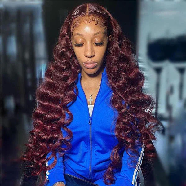 99J Loose Wave HD Lace Front Wig Natural Hairline Burgundy Red Colored Long Human Hair Wigs - Image 5