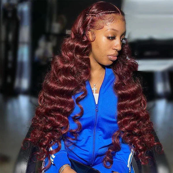 99J Loose Wave HD Lace Front Wig Natural Hairline Burgundy Red Colored Long Human Hair Wigs - Image 7