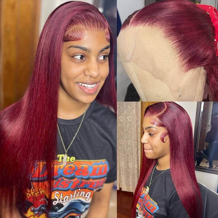 99J Straight 13x4 Burgundy HD Transparent Lace Front Pre Plucked Colored Human Hair Wigs for Women - Image 5