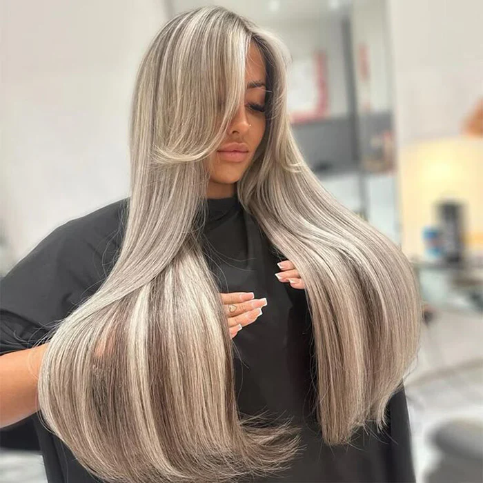 Ash Blonde Curtain Bangs Straight Glueless HD Lace Front Wig P18/613 Blonde Highlights Wig