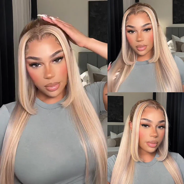 Ash Blonde Curtain Bangs Straight Glueless HD Lace Front Wig P18/613 Blonde Highlights Wig - Image 6