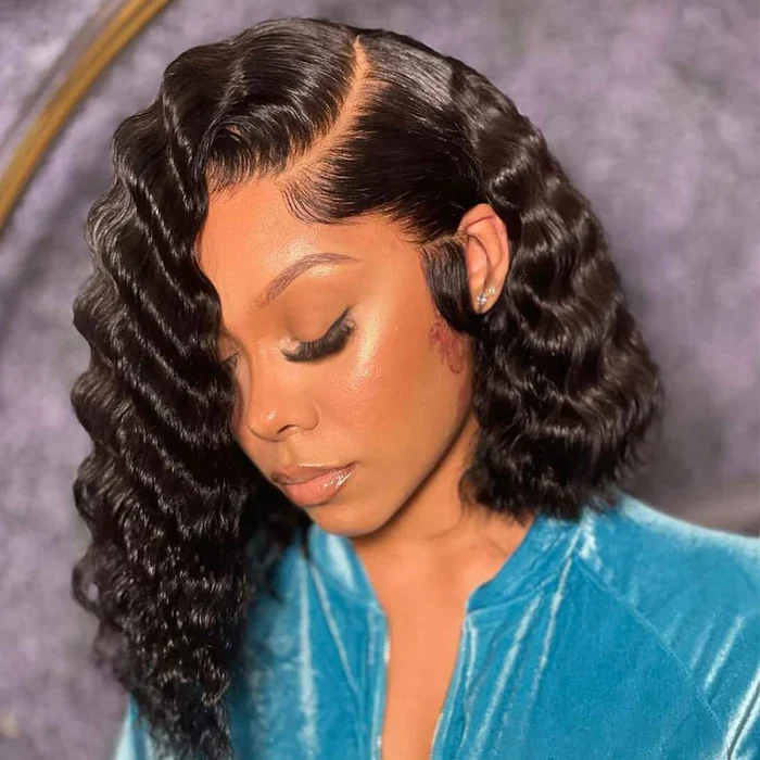 Asymmetrical Bob Wigs Deep Wave Bob Wigs HD Lace Wig with With Side Parting Short Cut Wigs - Image 4