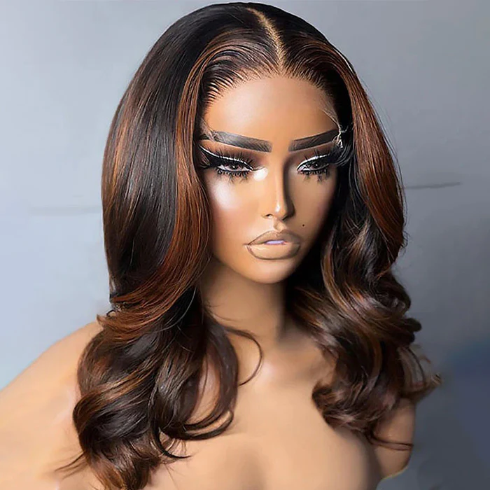 Balayage Highlight Brown Body Wave Bob Wig Blunt Cut P1B/30 Colored Short Human Hair Bob Wigs - Image 2