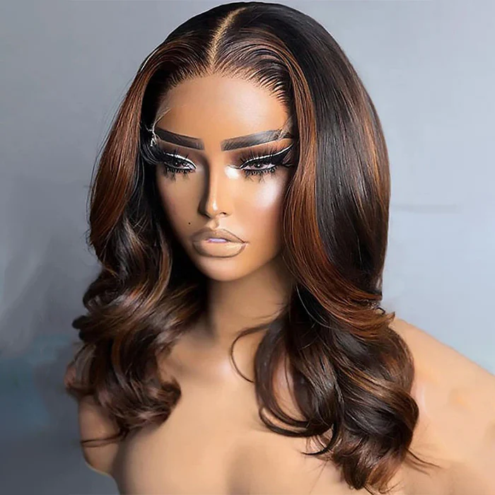Balayage Highlight Brown Body Wave Bob Wig Blunt Cut P1B/30 Colored Short Human Hair Bob Wigs - Image 3