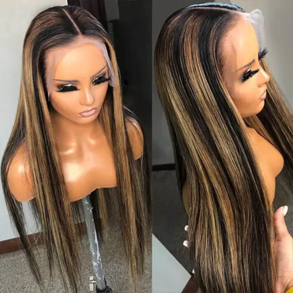 Balayage Highlight Colored HD Transparent 13x4 Lace Frontal Wigs 1B/27 Straight Human Hair Wigs Free Part - Image 5