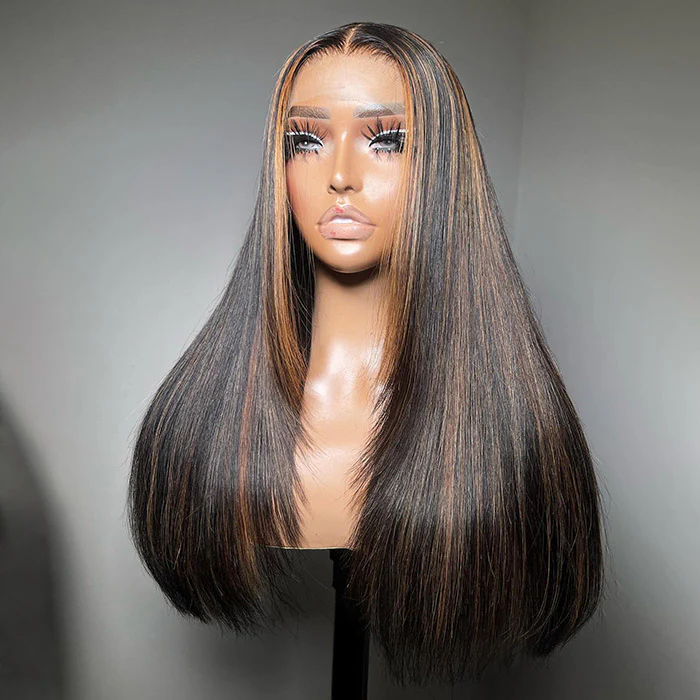 Balayage Highlight Straight Layered Cut Wig Bleached Knots P1B/30 Black & Brown Colored Human Hair Wigs - Image 3